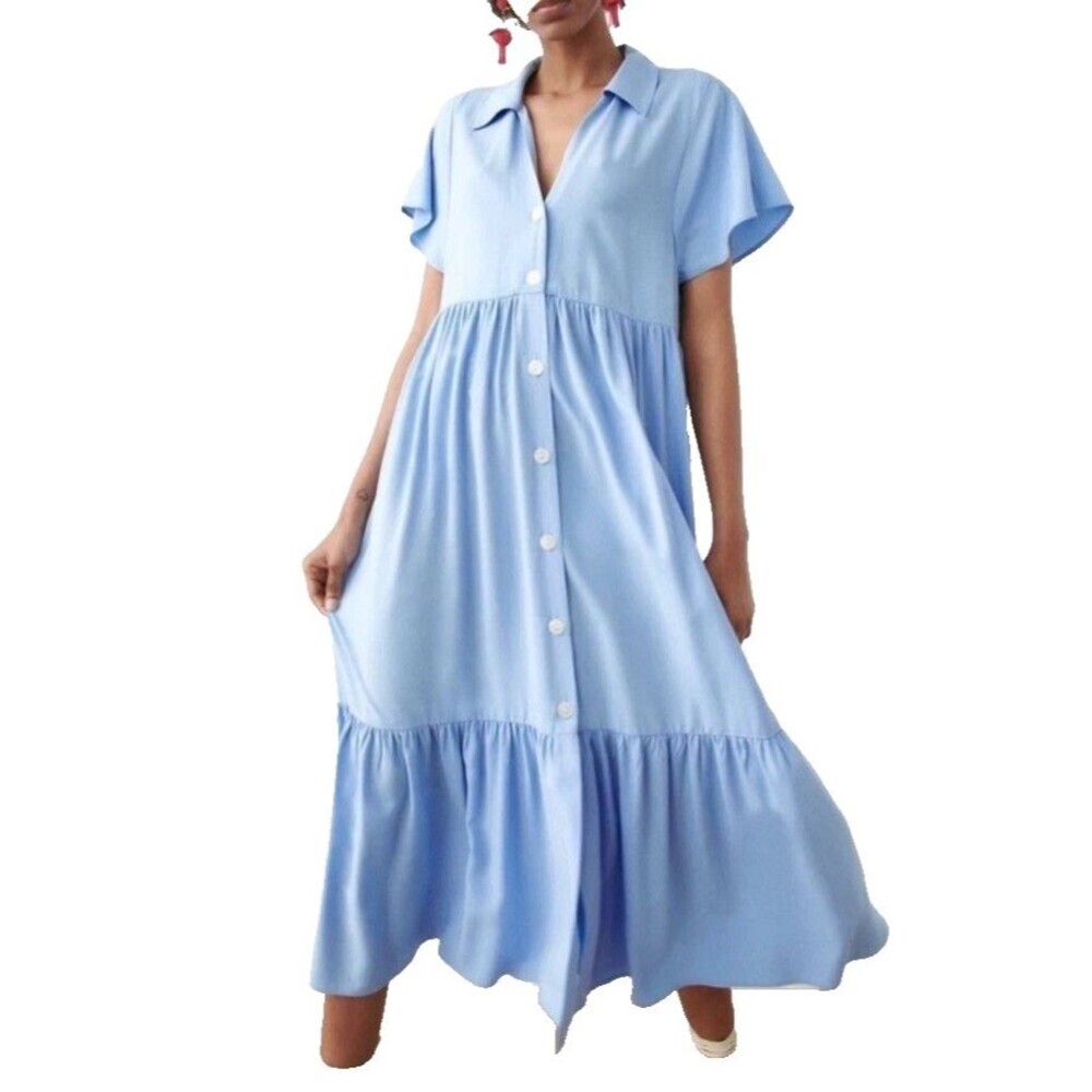 Zara Light Blue Button-Front Midi Dress